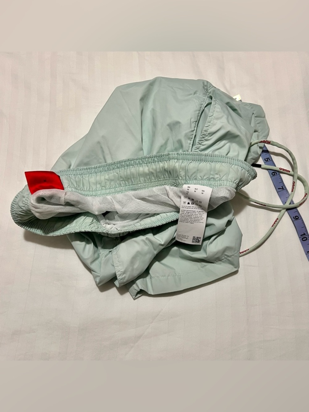 HUGO Light Mint Green Swim Shorts with Red Logo - Picture 6 of 8